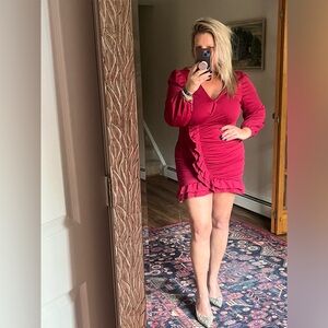 BNWT zip up jersey knit long sleeve cocktail formal ruched ruffle mini dress